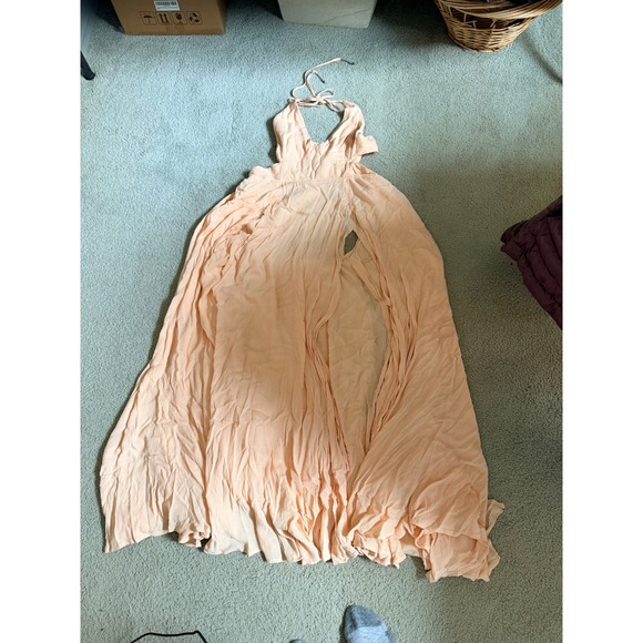 Free People Summer Peach Lilli Maxi Dress Halter Neck Side Slits Tie Back Size M - Picture 5 of 9